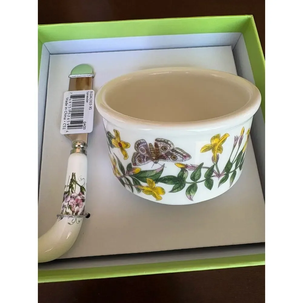 Portmeirion Botanic Garden Ramekin & Spreader Set NIB Butter Dish Bowl w Knife
